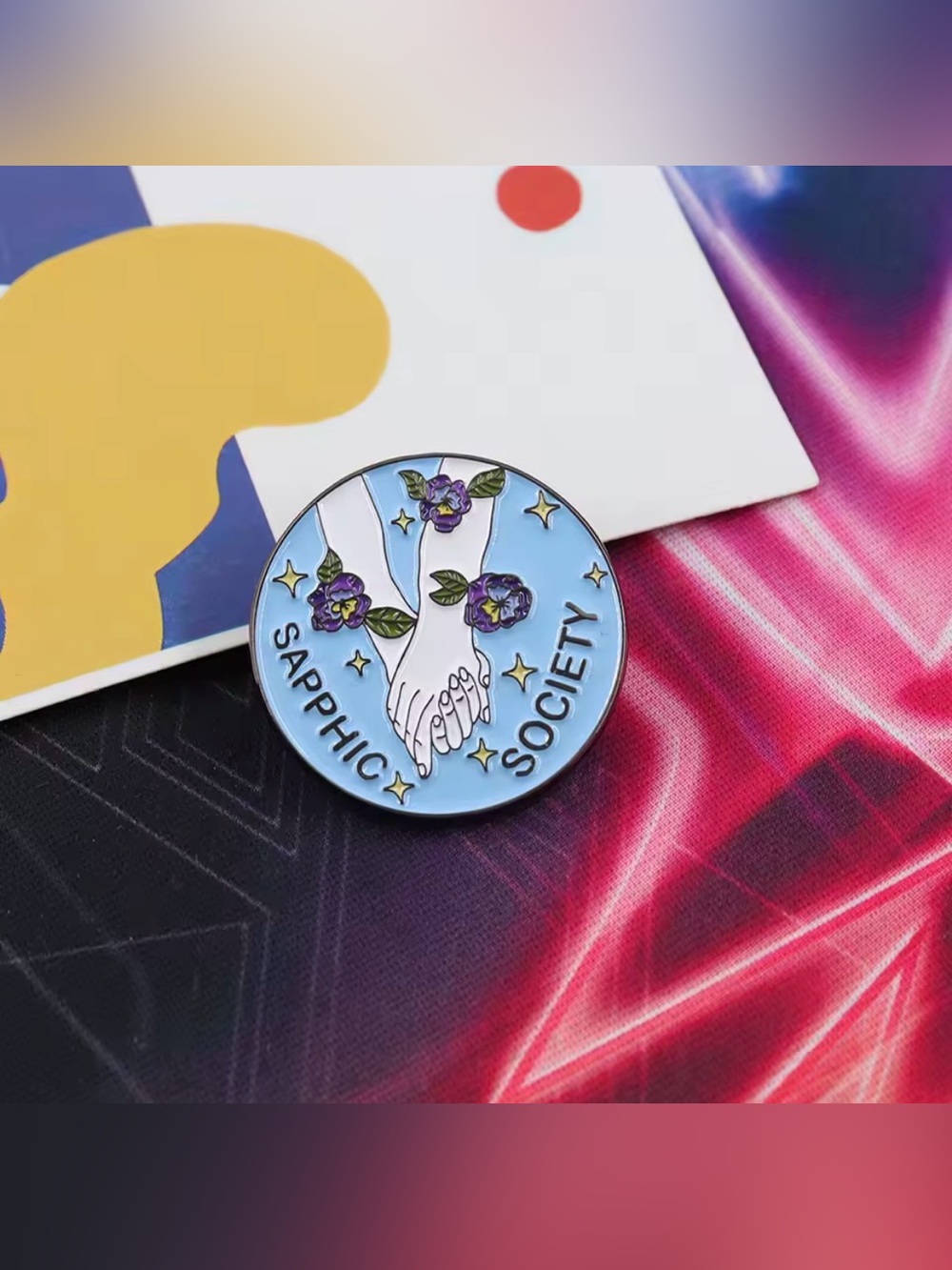 LGBT WLW Lesbian Pride Sapphic Society Holding Hands Violet Flower Enamel Pin - Picture 5 of 11